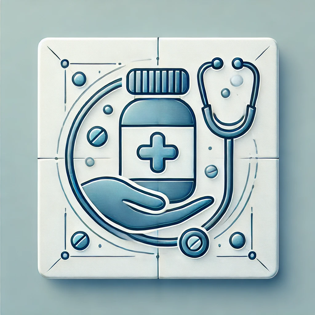 An insignia with a stethoscope, pill dram and hand, suggesting care management