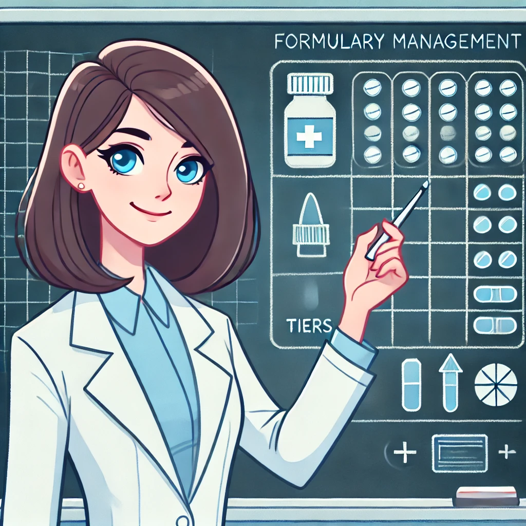 A professor, clinician or instructor pointing to a table of drugs, similar to a formulary