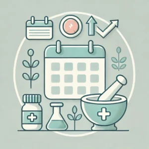 A calendar, pestle and mortar and other pharmacy elements, suggesting strategic pharmacy planning