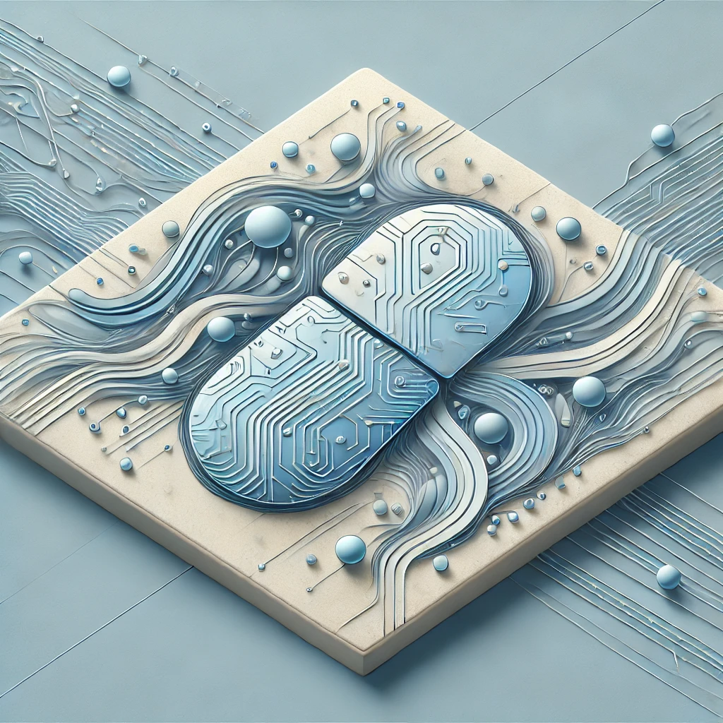 A processing chip and drug capsule overlayed onto it, showing circuitry, connectedness and AI.