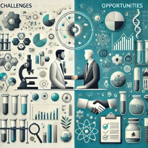 Two sided image with individuals meeting in the middle to address challenge and opportunity