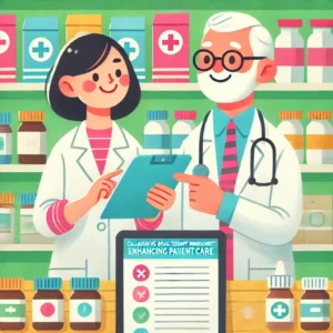 Two clinicians in a pharmacy collaborating for care