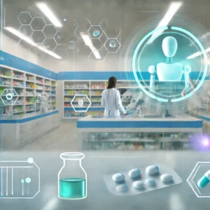 AI in pharmacy image with sleek look in a traditional pharmacy