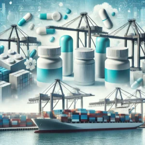 A ship at sea with a drug overlay background and a port, for free trade