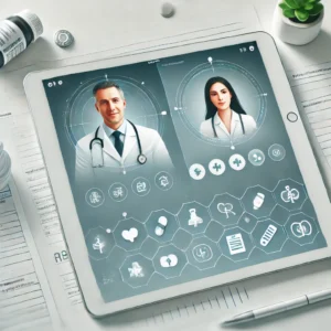 A tablet with two different providers shown on screen and digital icons/widgets for interaction