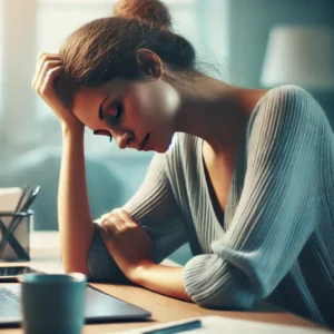 A woman with her hand on her head, tired