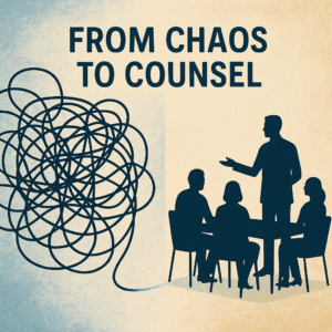 A wound up spirally, tangled mess transitioning to addressing peers with clarity