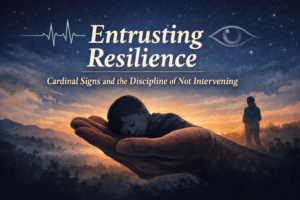 A horizon, parent, child, eye and ekg readout in the night sky