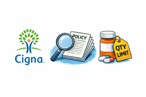 Cigna's logo, a mag glass, documents and drug limits