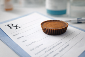 A Reese's cup sitting on top of a written prescription.